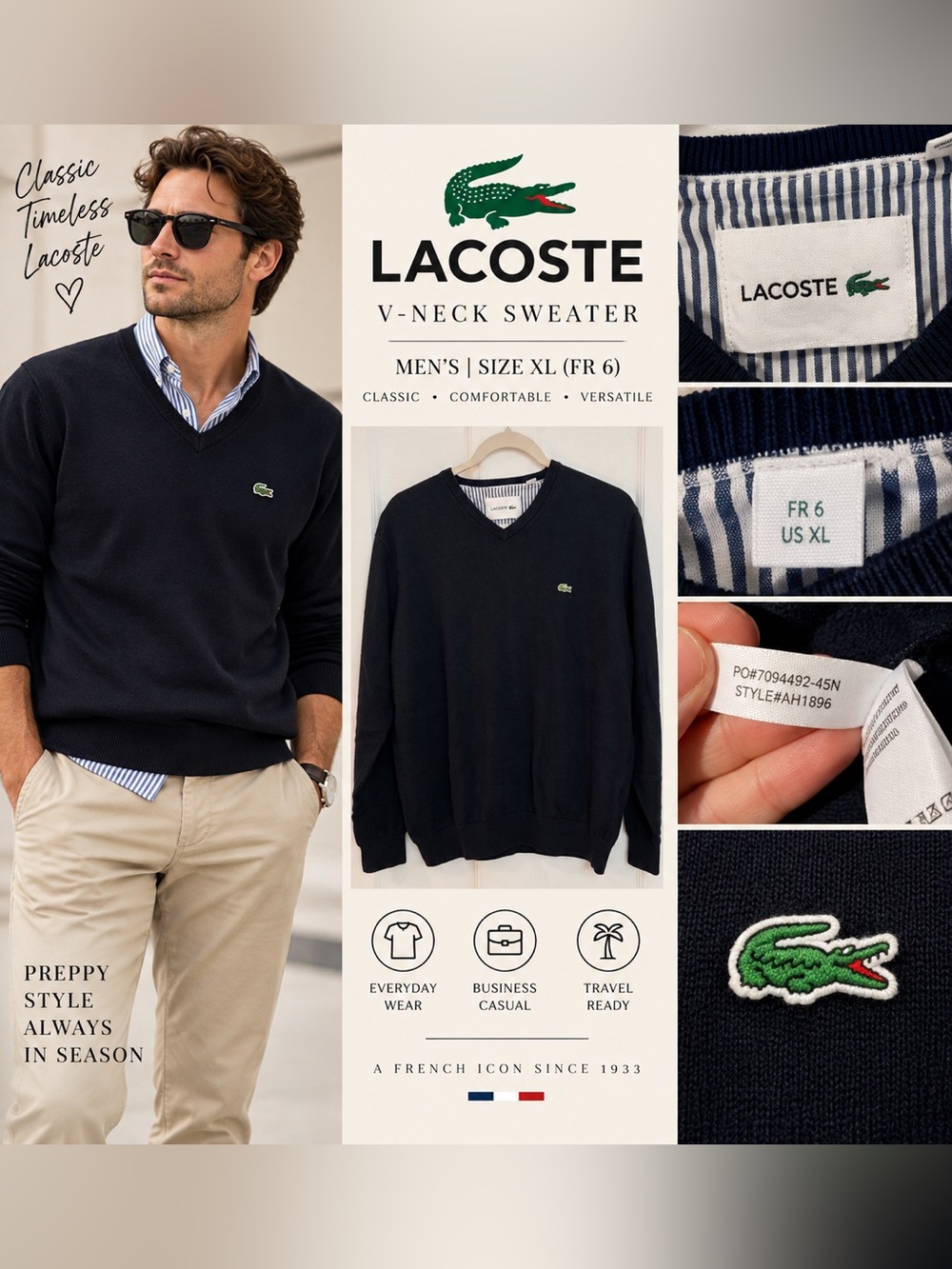 Lacoste Men’s Navy V-Neck Sweater XL Classic Preppy Pullover AH1896